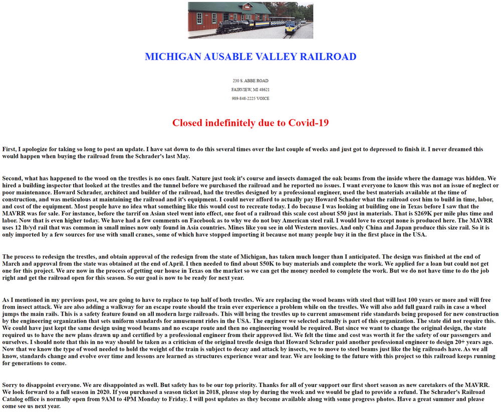 Michigan AuSable Valley Railroad - Full Statement From Owners On Closing (newer photo)